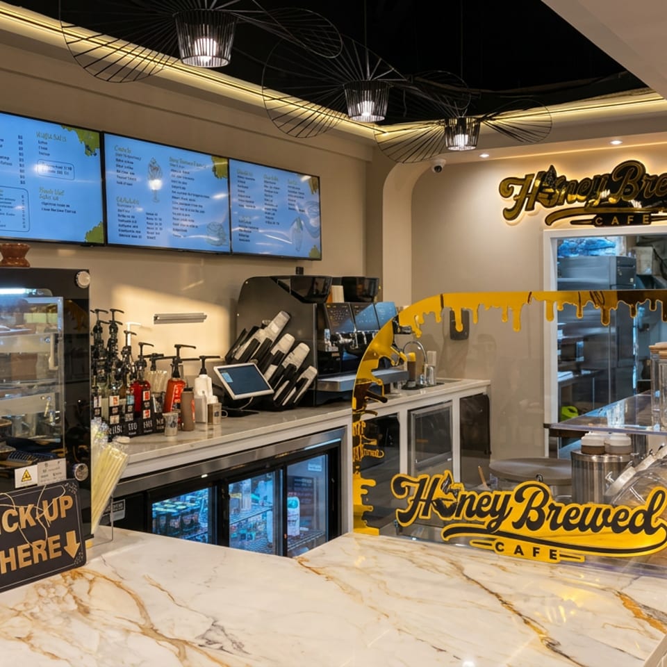 Honey Brewed Cafe counter with digital menus, pastry display case, coffee equipment, and pickup signage.