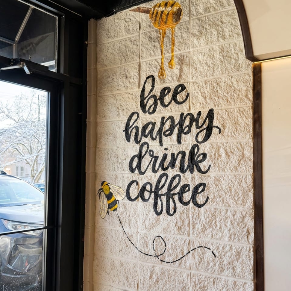 Café entrance wall featuring hand-painted “bee happy drink coffee” lettering, a bee illustration, and snowy street visible through the door.