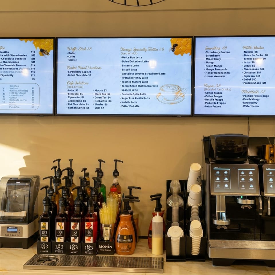 Cafe counter with chocolate fountain, syrup bottles, espresso machines, stacked cups, and digital drink menus.