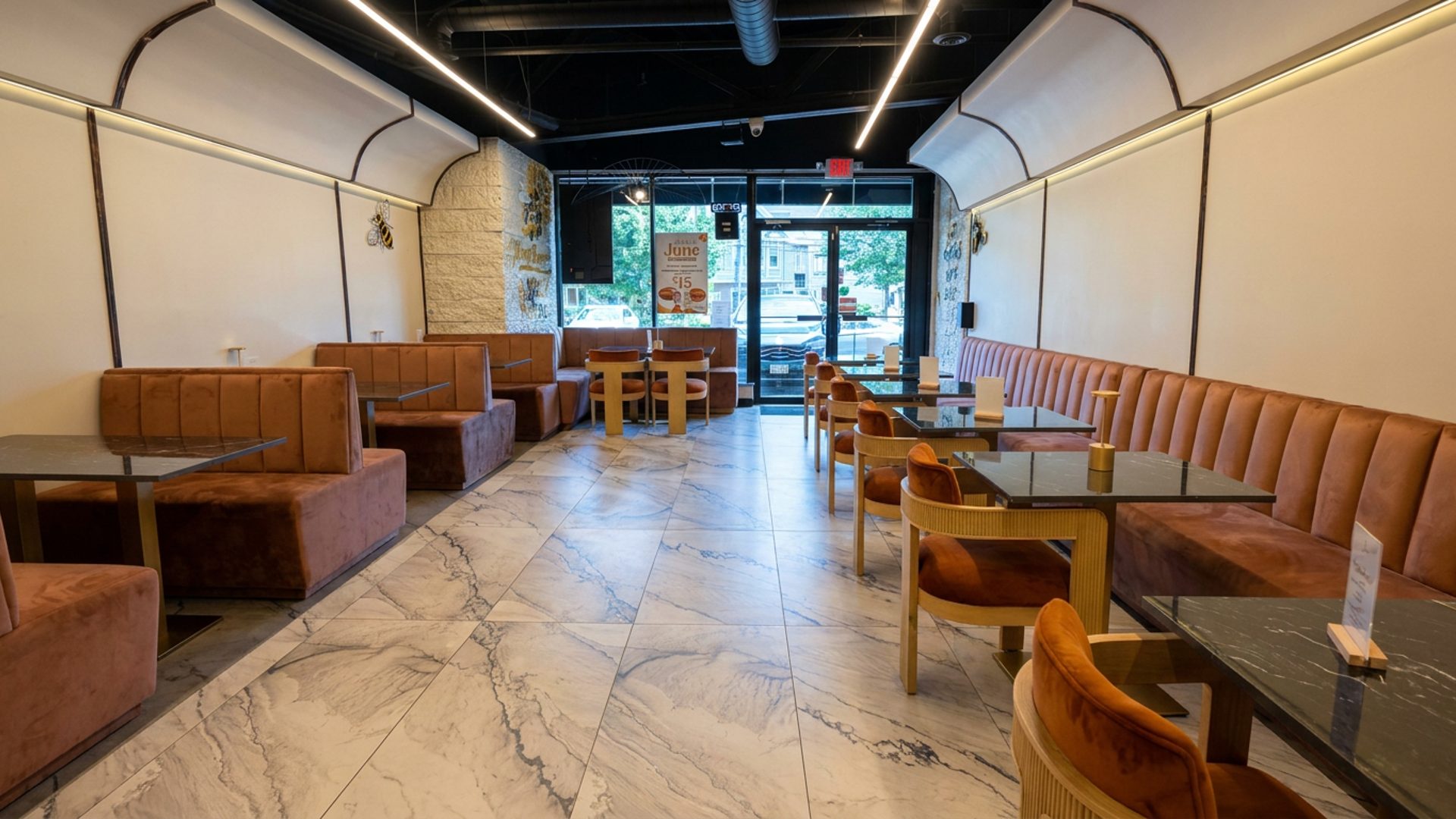 Cozy seating, polished space, easy parking