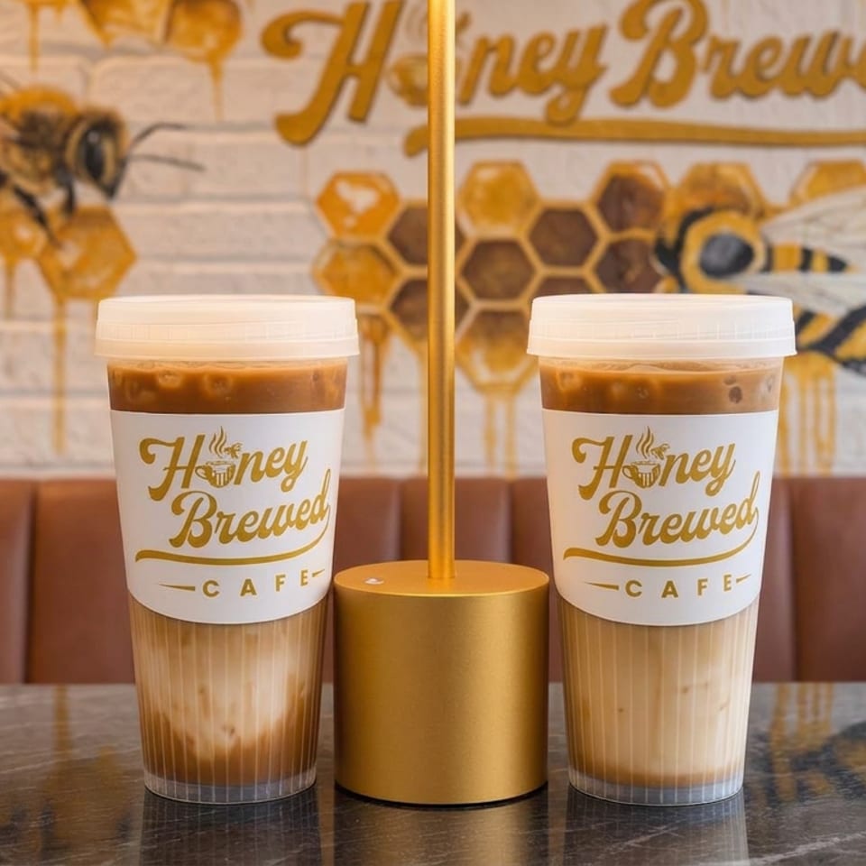 Two iced coffee drinks in Honey Brewed Café cups sit on a table beside a gold lamp, with bee murals behind them.